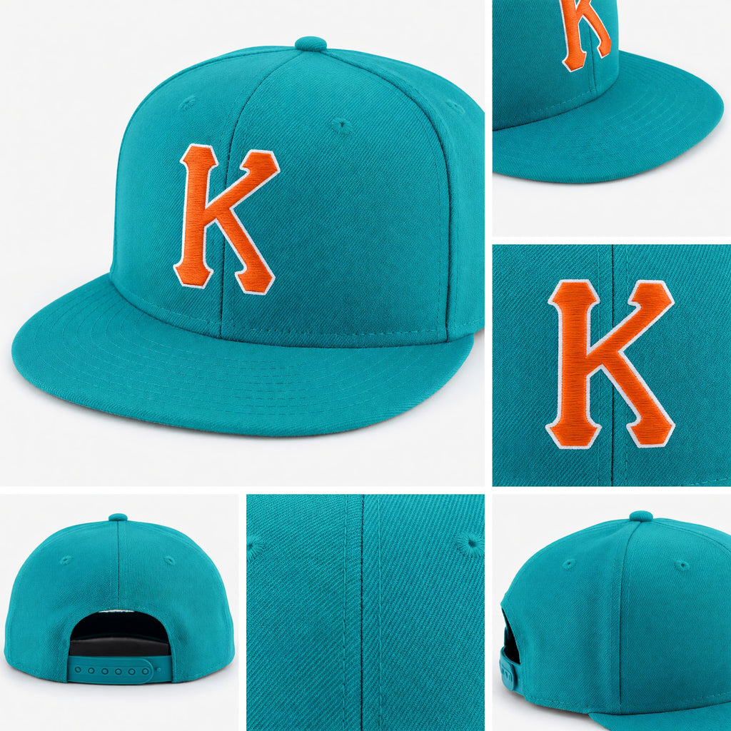 Custom Aqua Orange-White Stitched Adjustable Snapback Hat detail