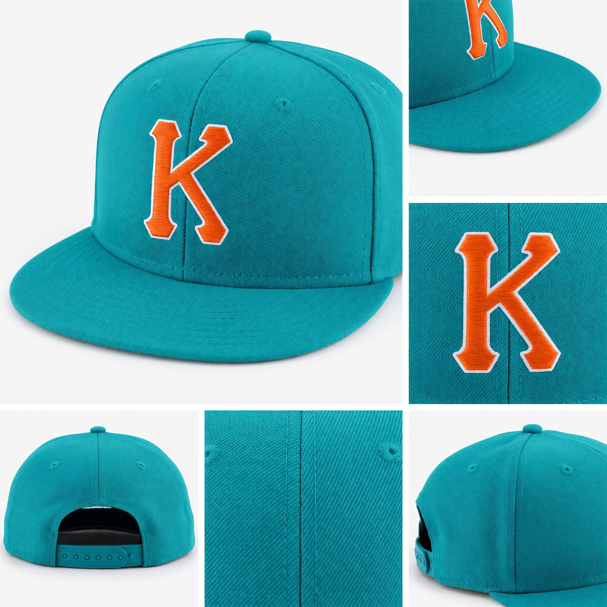 Custom Aqua Orange-White Stitched Adjustable Snapback Hat detail