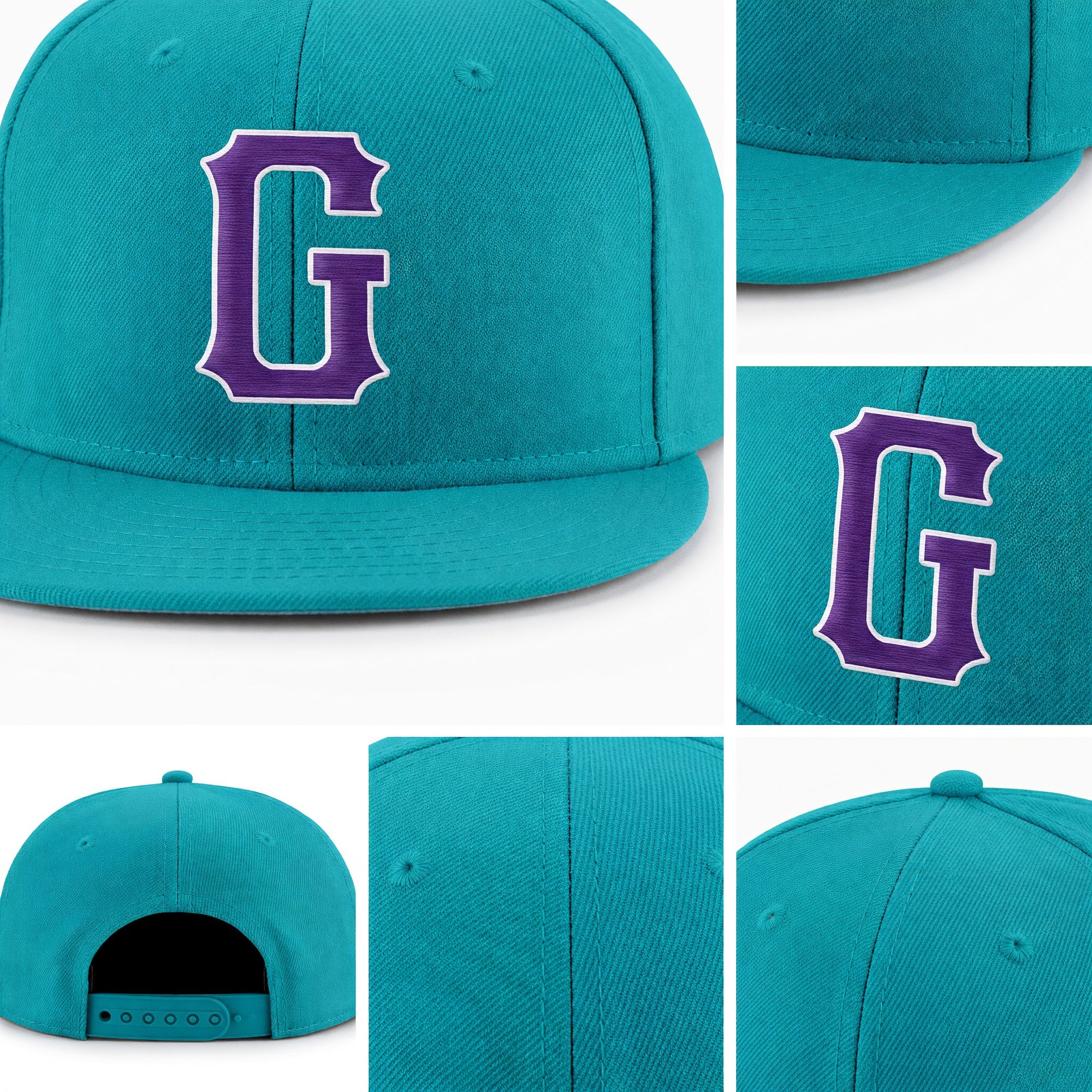 Custom Aqua Purple-White Stitched Adjustable Snapback Hat detail