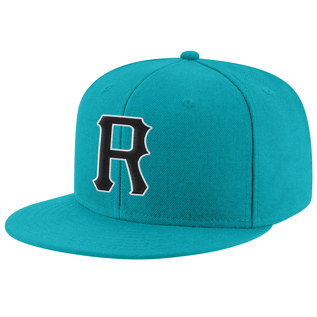 Custom Aqua Black-White Stitched Adjustable Snapback Hat photo 1