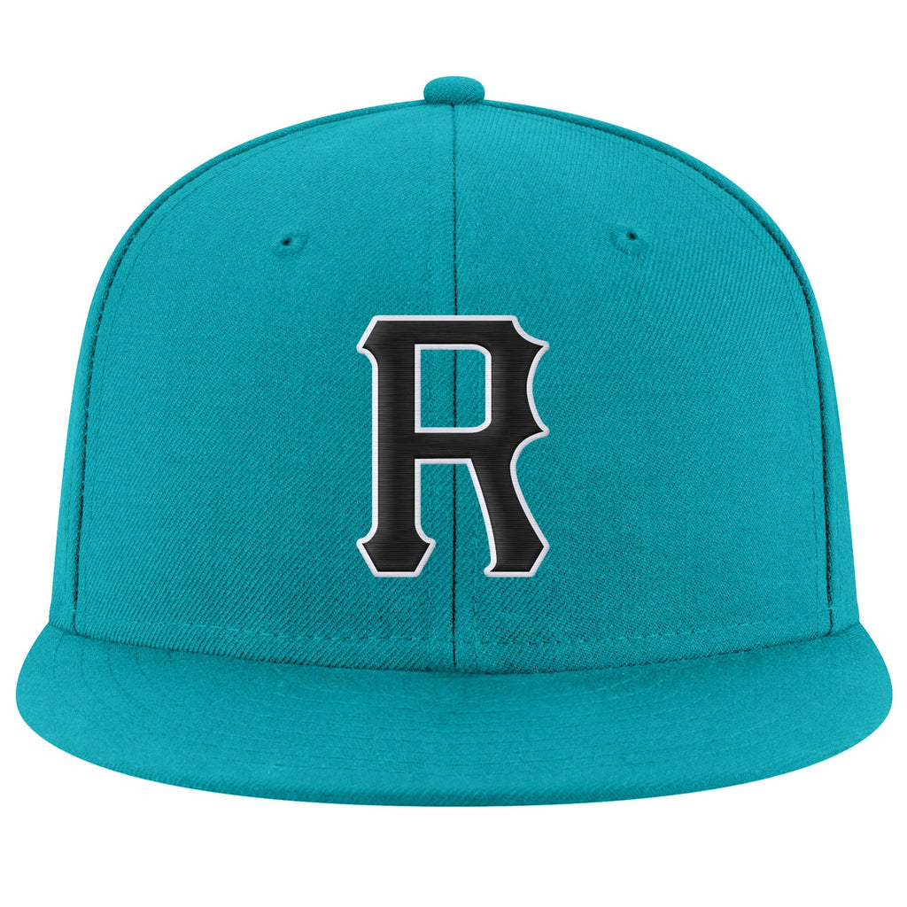 Custom Aqua Black-White Stitched Adjustable Snapback Hat photo 2