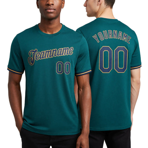 Custom Aqua Navy-Old Gold Performance T-Shirt worn front and back
