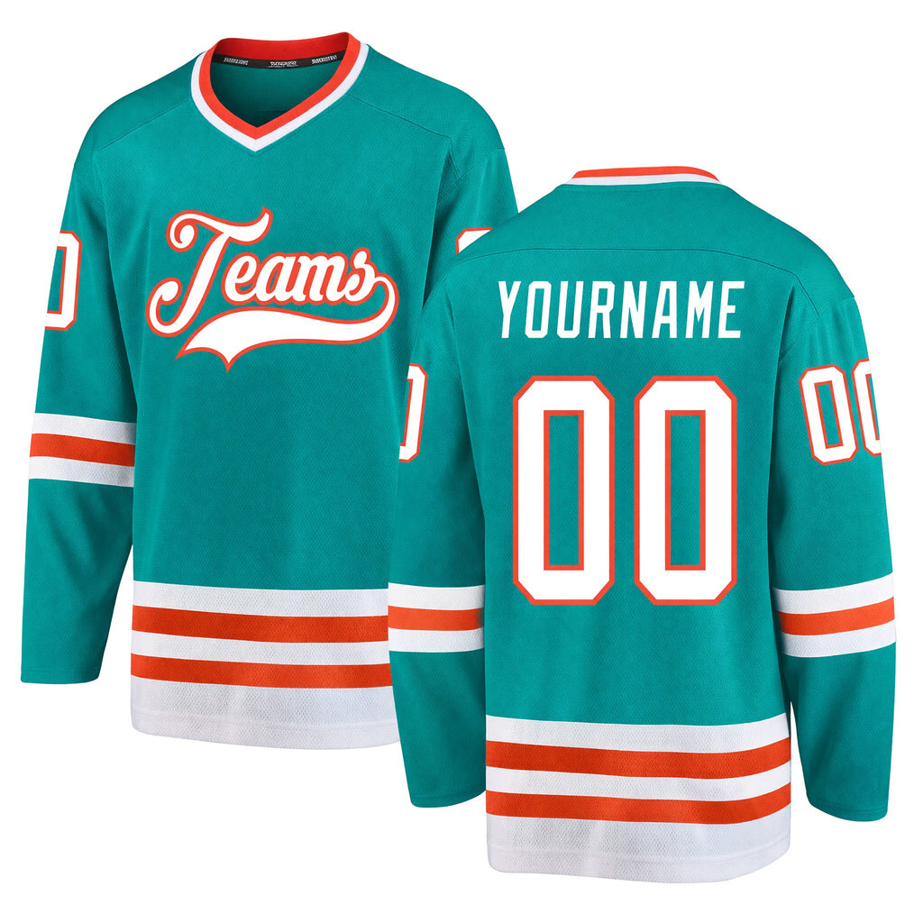 Custom Aqua White-Orange Hockey Jersey