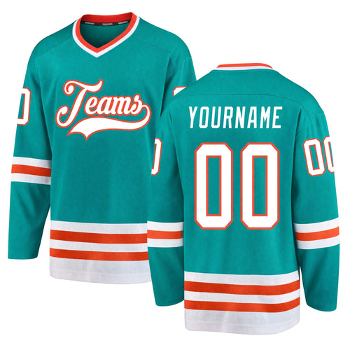 Custom Aqua White-Orange Hockey Jersey