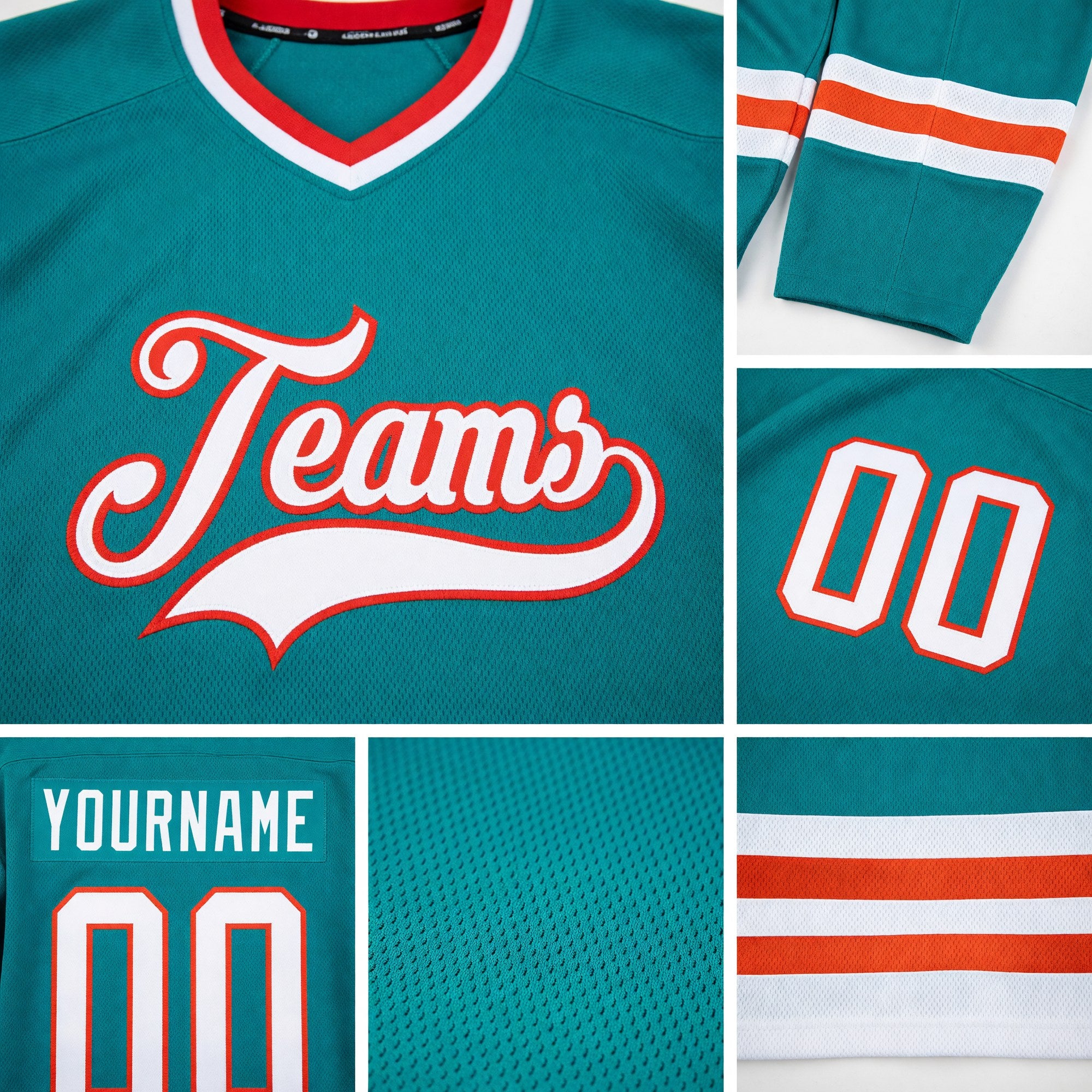 Custom Aqua White-Orange Hockey Jersey detail