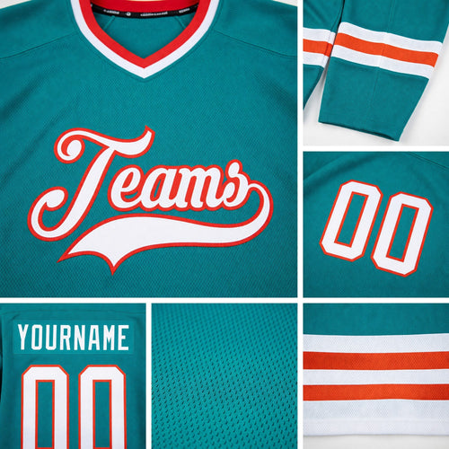 Custom Aqua White-Orange Hockey Jersey detail