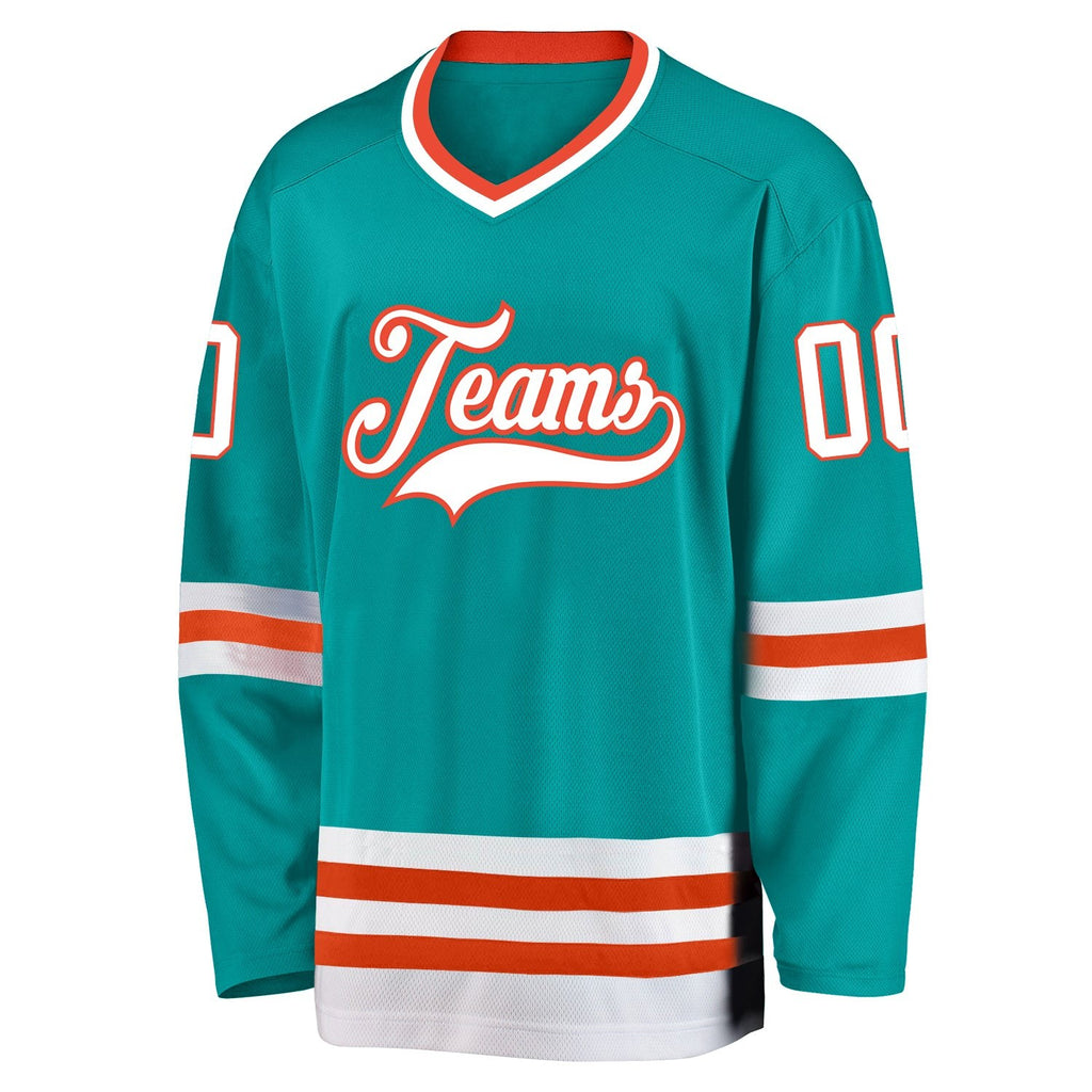 Custom Aqua White-Orange Hockey Jersey photo 2