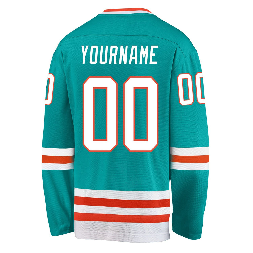 Custom Aqua White-Orange Hockey Jersey photo 3