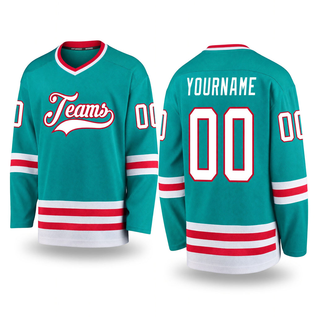 Custom Aqua White-Red Hockey Jersey
