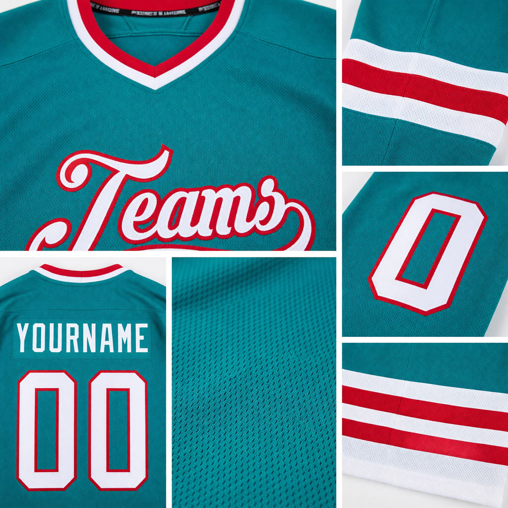 Custom Aqua White-Red Hockey Jersey detail