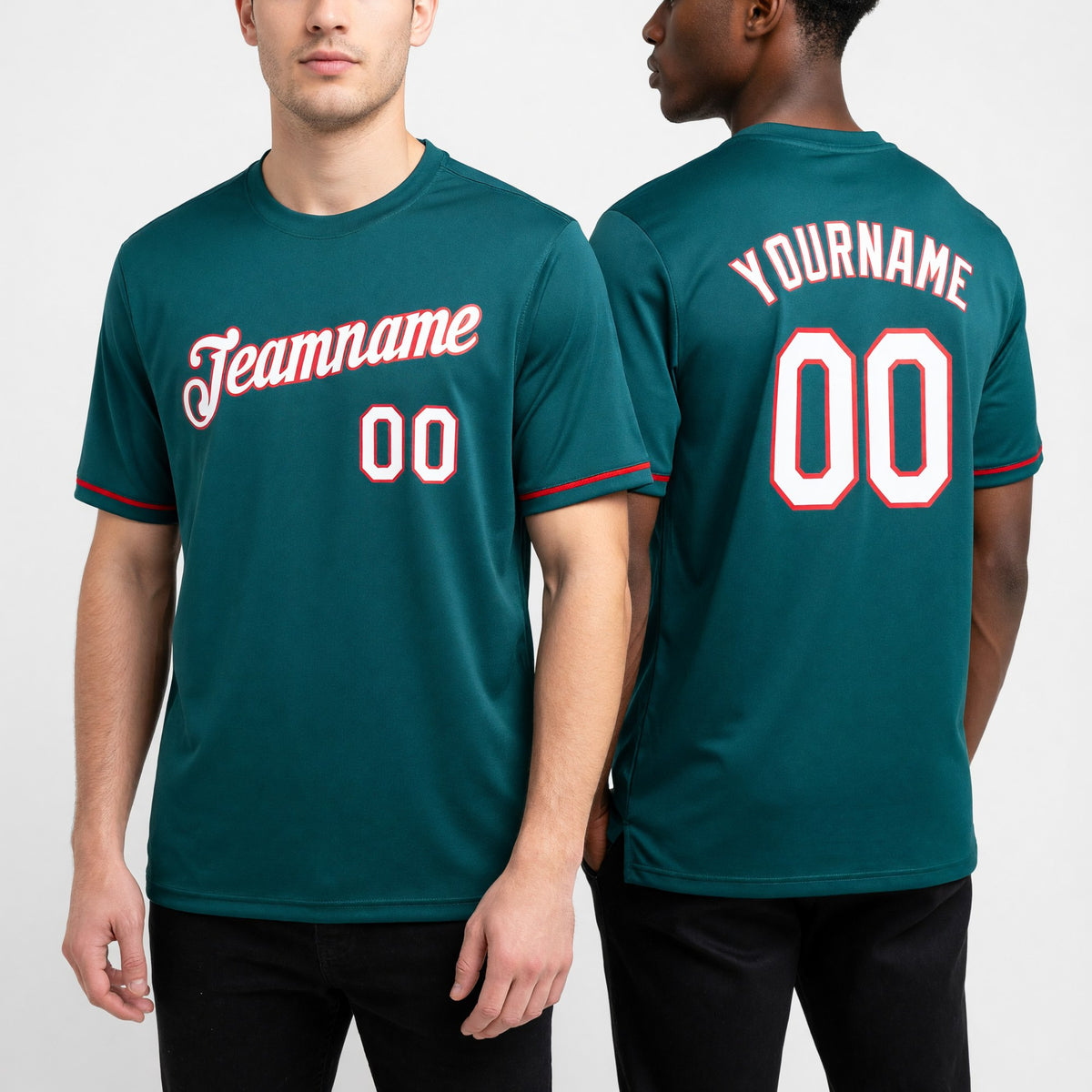 Custom Aqua White-Red Performance T-Shirt worn front and back