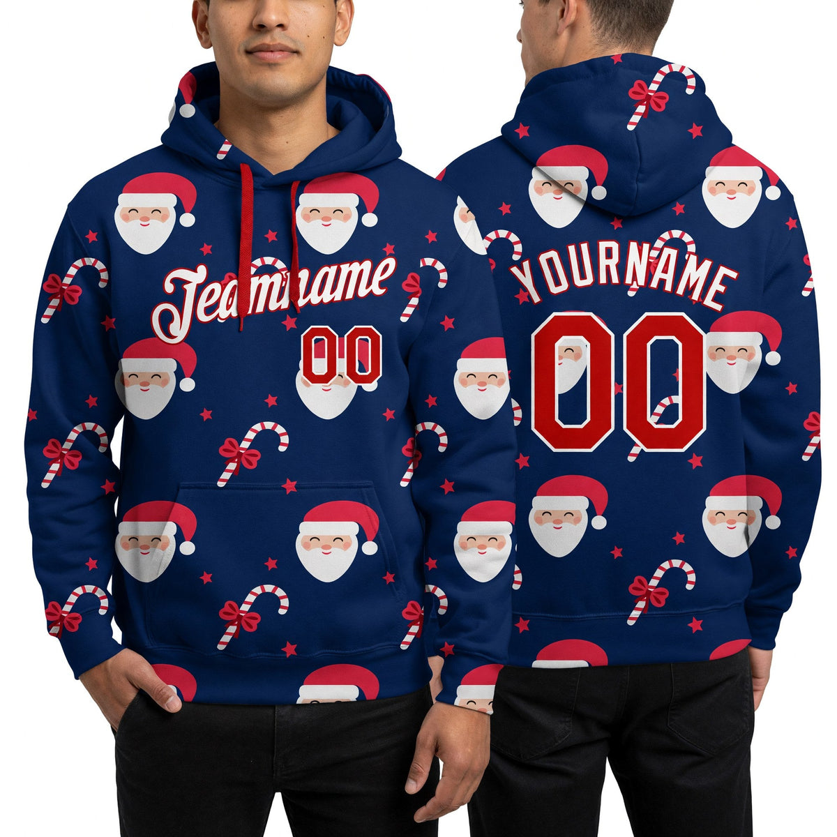 Custom Stitched Navy Red-White Christmas 3D Sports Pullover Sweatshirt Hoodie worn front and back