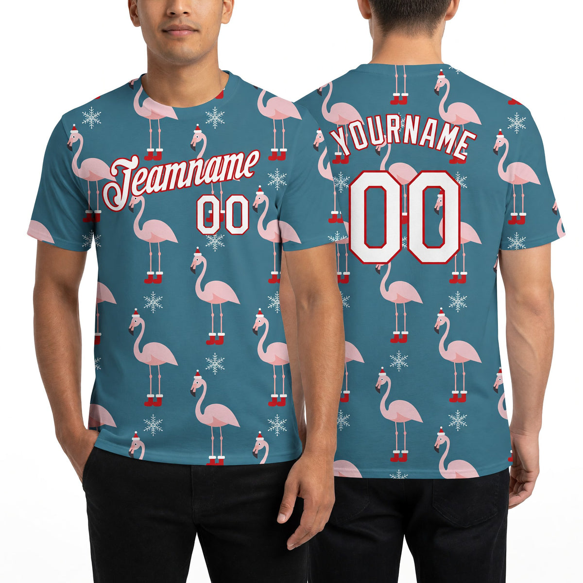 Custom Aqua White-Red Christmas 3D Performance T-Shirt worn front and back