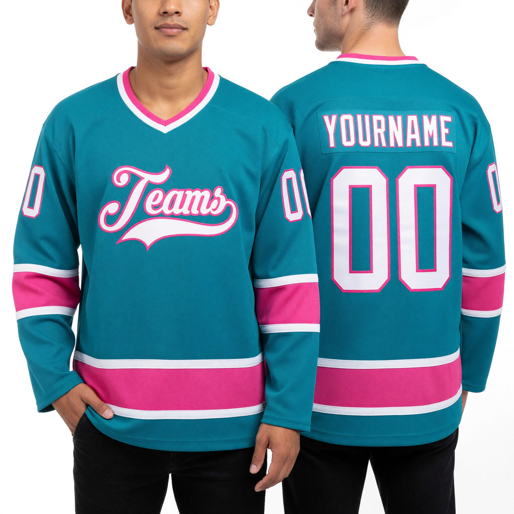 Custom Aqua White-Pink Hockey Jersey worn front and back