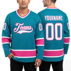 Custom Aqua White-Pink Hockey Jersey worn front and back
