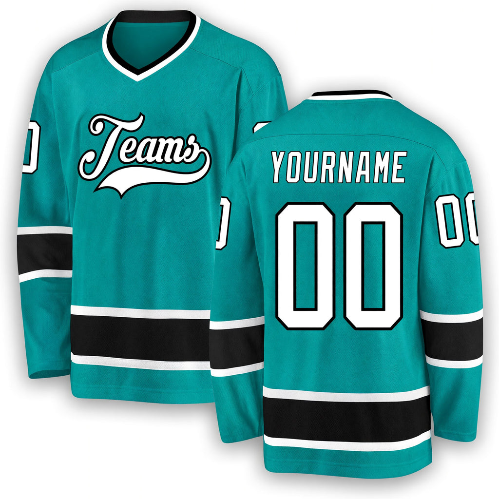 Custom Aqua White-Black Hockey Jersey