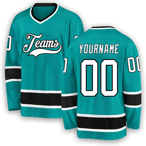 Custom Aqua White-Black Hockey Jersey