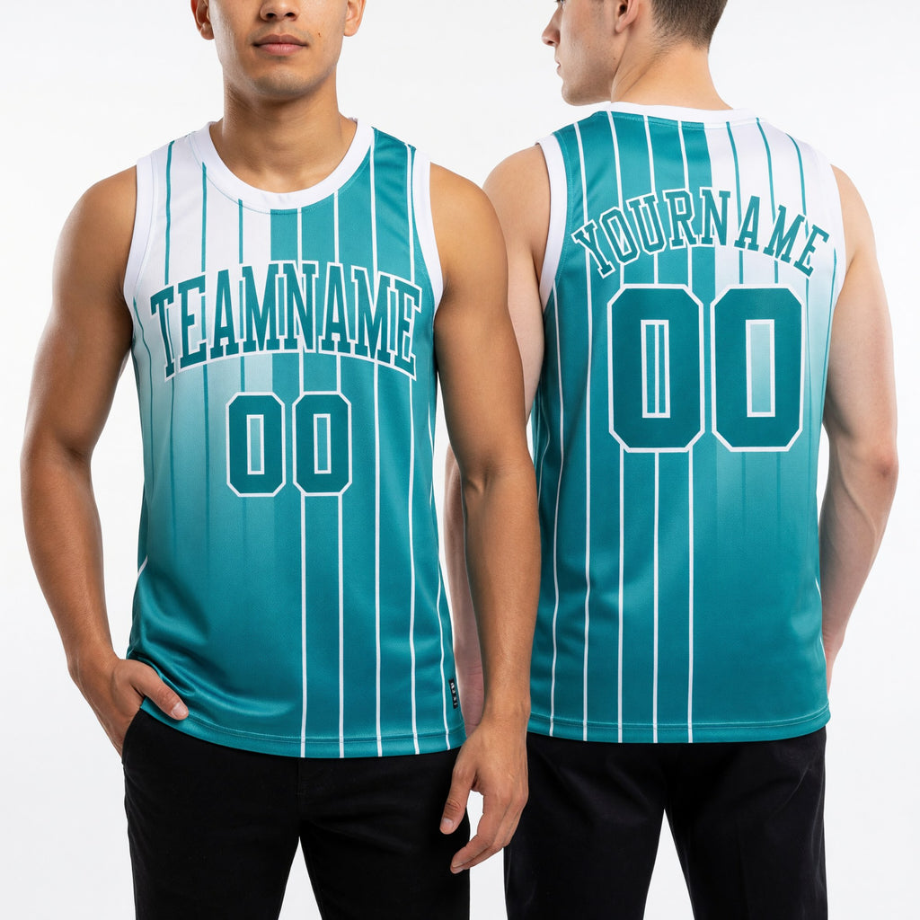 Custom Aqua Aqua-White Round Neck Sublimation Basketball Uniform Jersey worn front and back