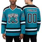 Custom Aqua Black-White Hockey Jersey worn front and back