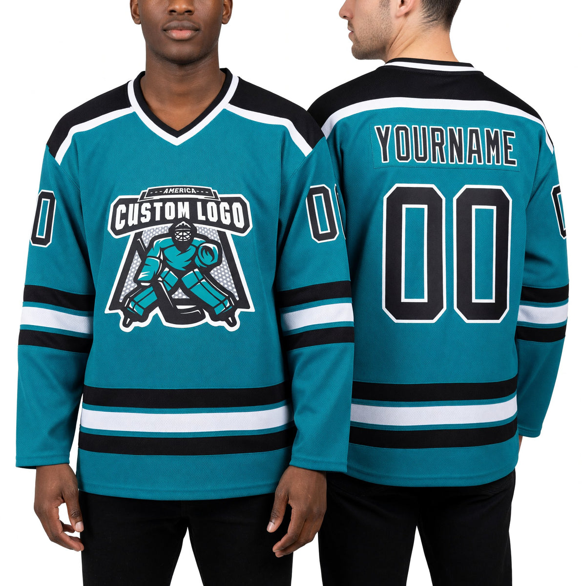 Custom Aqua Black-White Hockey Jersey worn front and back