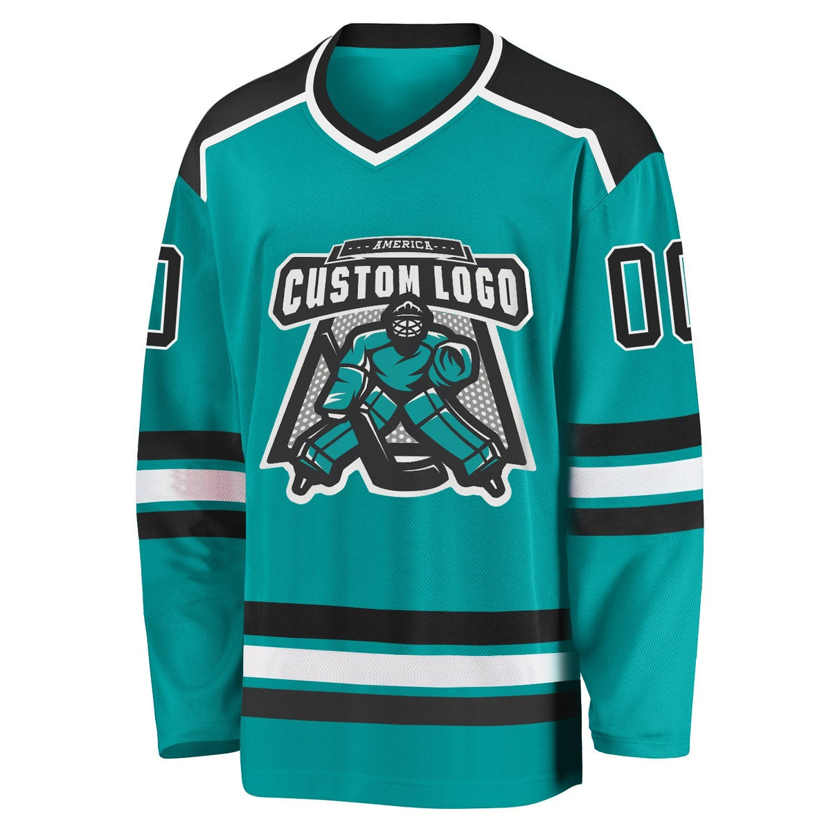 Custom Aqua Black-White Hockey Jersey photo 2