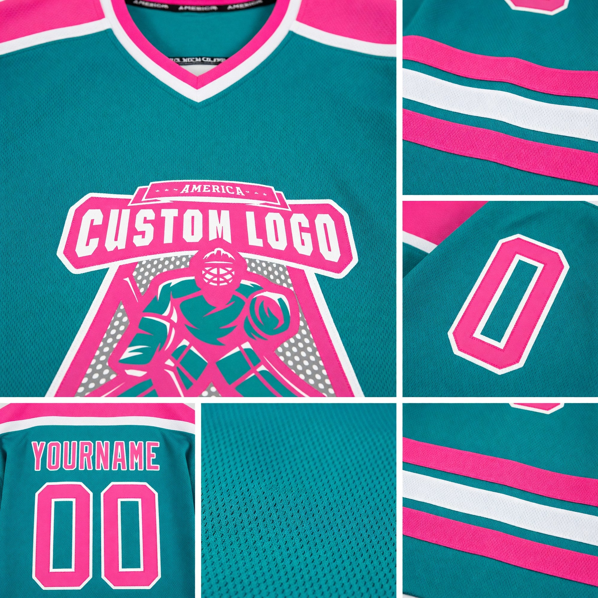 Custom Aqua Pink-White Hockey Jersey detail