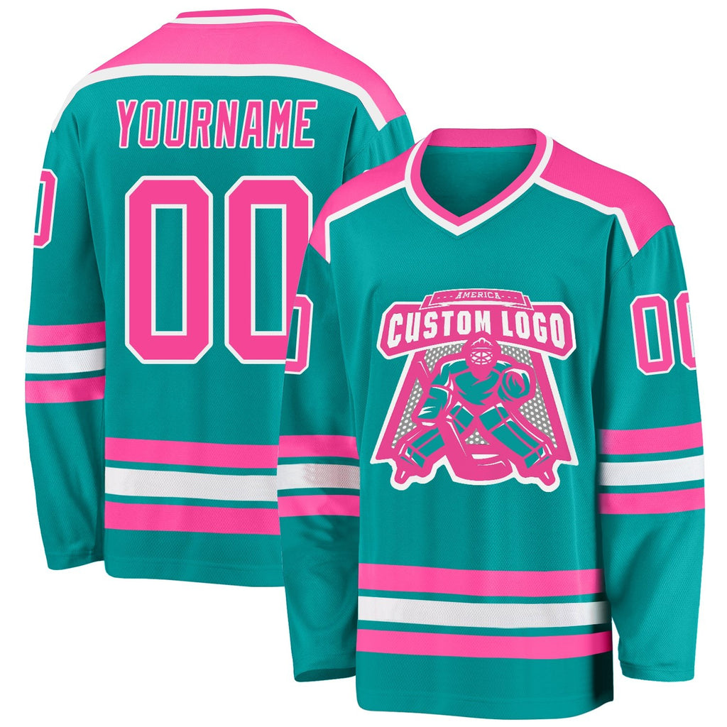 Custom Aqua Pink-White Hockey Jersey photo 1