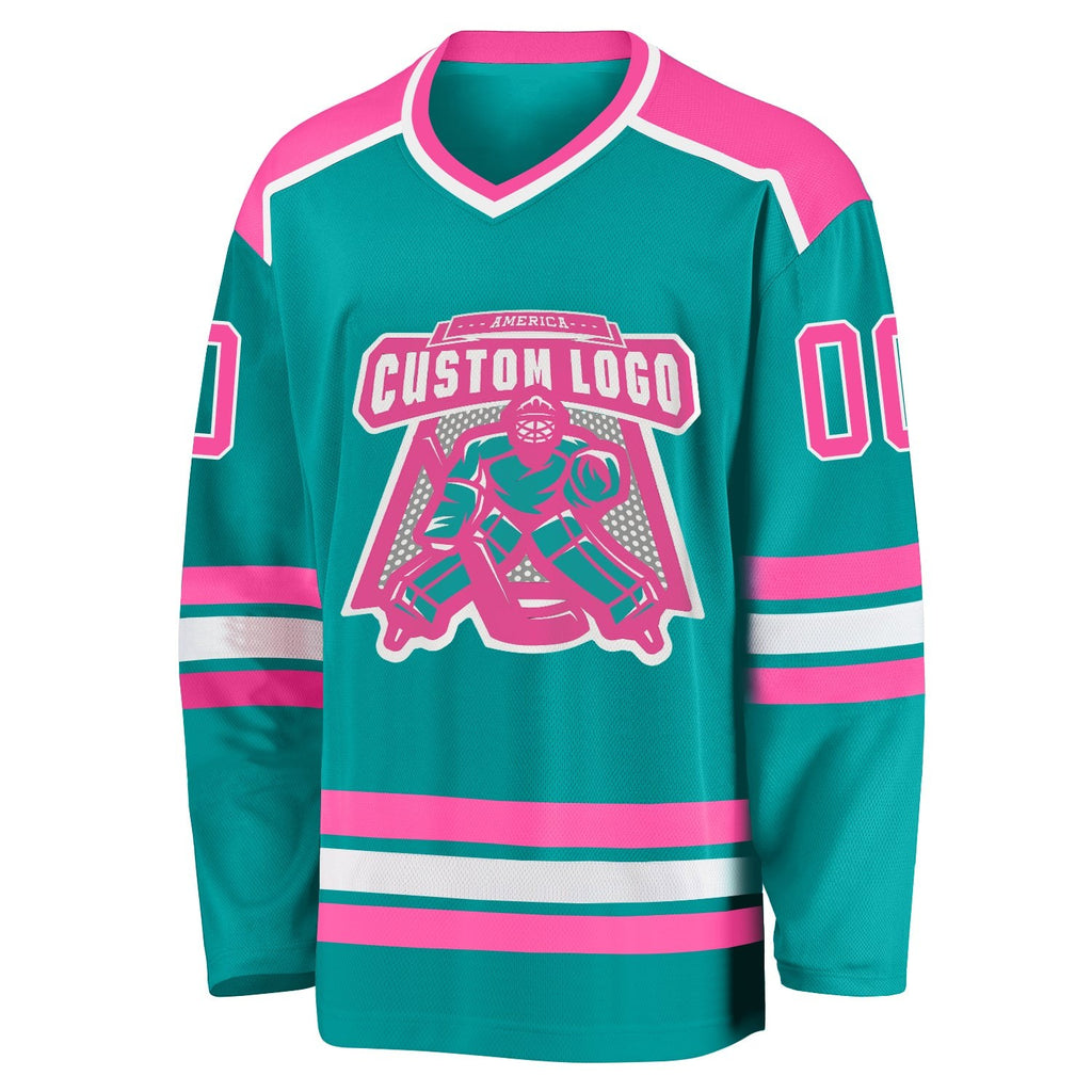 Custom Aqua Pink-White Hockey Jersey photo 2