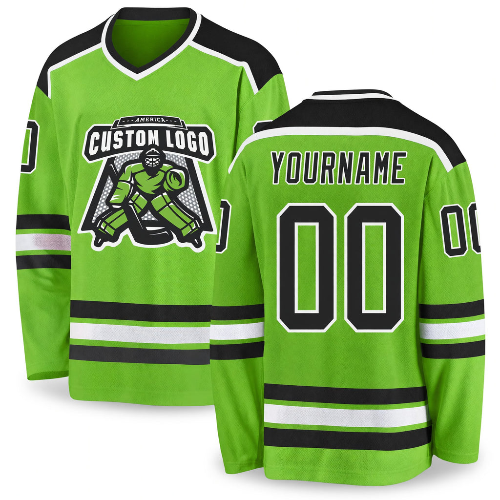 Custom Neon Green Black-White Hockey Jersey