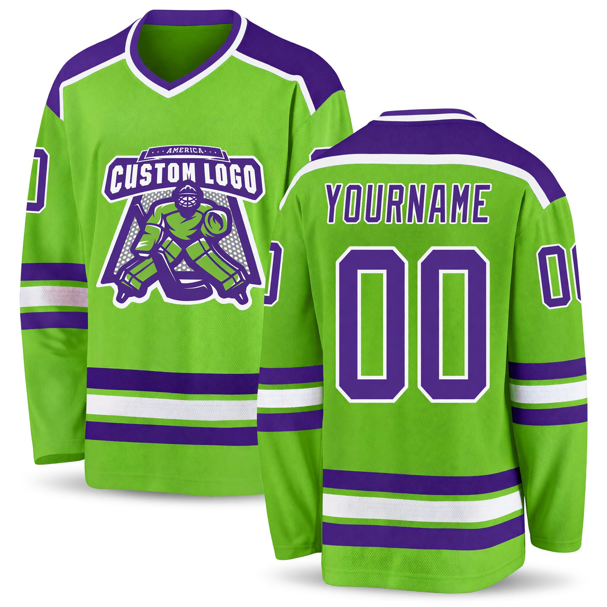 Custom Neon Green Purple-White Hockey Jersey