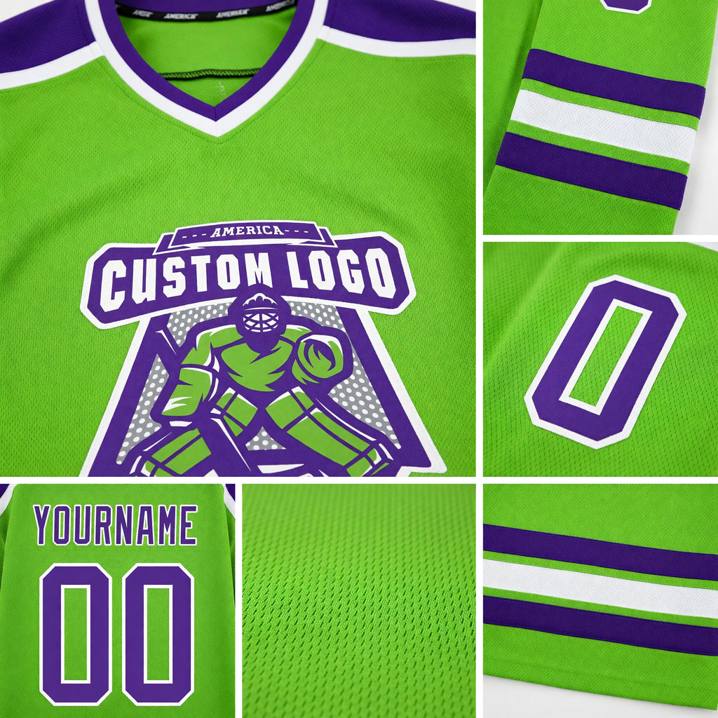 Custom Neon Green Purple-White Hockey Jersey detail