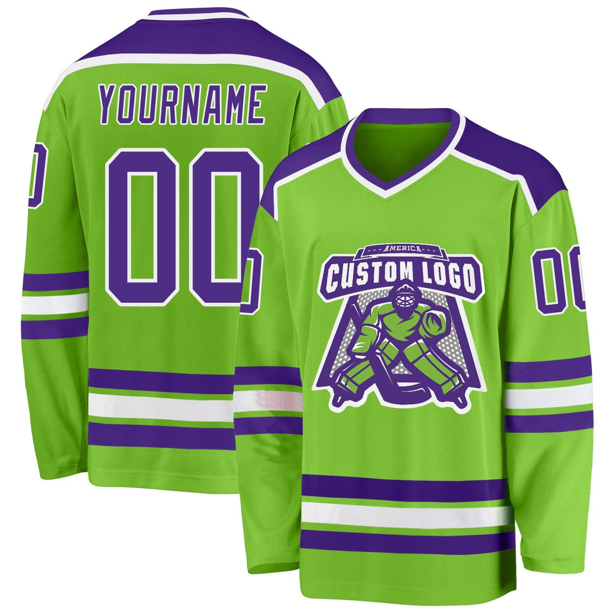 Custom Neon Green Purple-White Hockey Jersey photo 1
