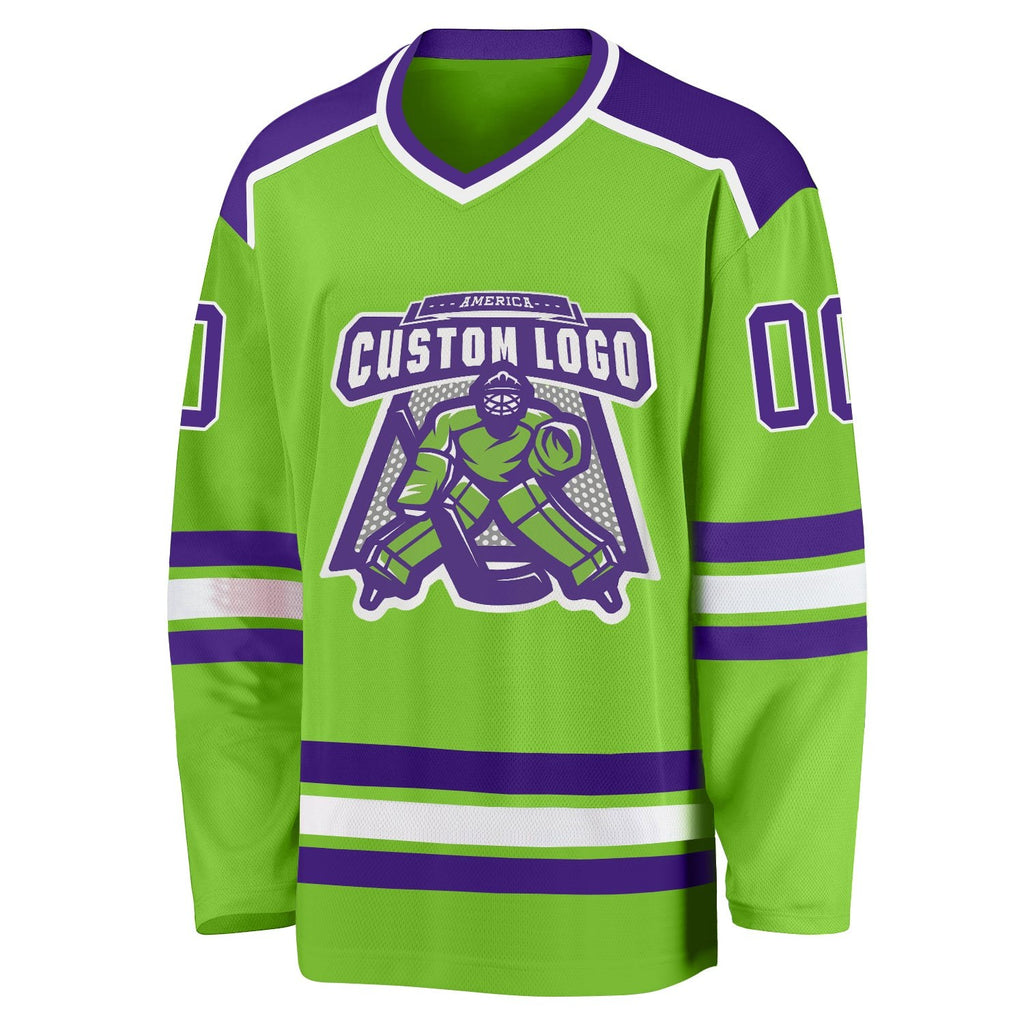 Custom Neon Green Purple-White Hockey Jersey photo 2