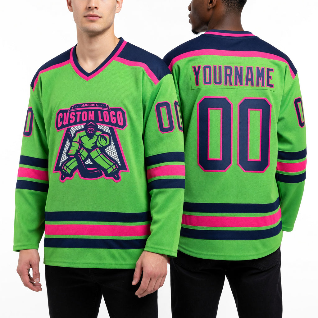 Custom Neon Green Navy-Pink Hockey Jersey worn front and back