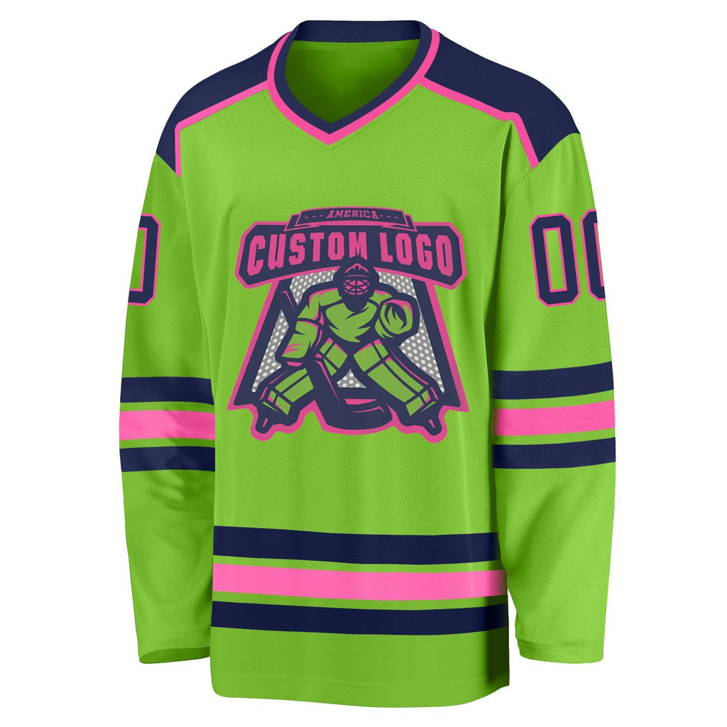 Custom Neon Green Navy-Pink Hockey Jersey photo 2