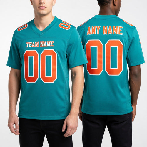 Custom Aqua Orange-White Mesh Authentic Football Jersey worn front and back