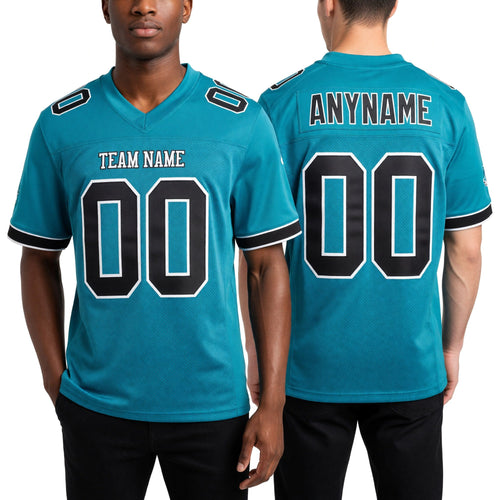 Custom Aqua Black-White Mesh Authentic Football Jersey worn front and back