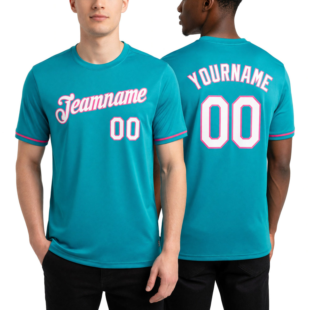 Custom Aqua White-Pink Performance T-Shirt worn front and back