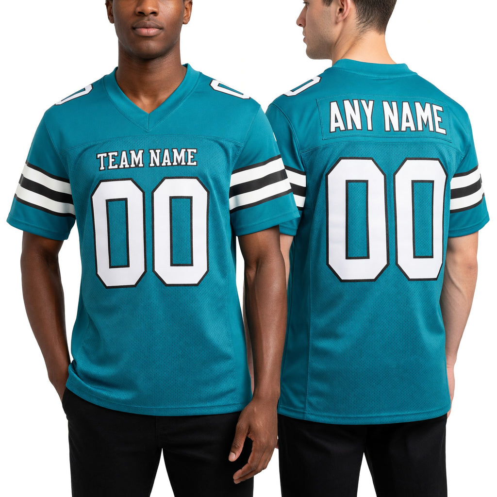 Custom Aqua White-Black Mesh Authentic Football Jersey worn front and back