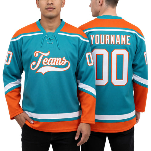 Custom Aqua White-Orange Hockey Lace Neck Jersey worn front and back