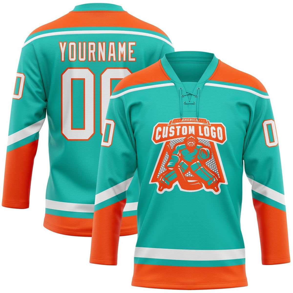 Custom Aqua White-Orange Hockey Lace Neck Jersey photo 2