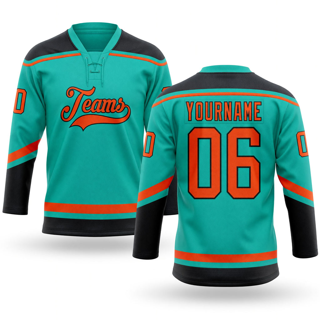 Custom Aqua Orange-Black Hockey Lace Neck Jersey
