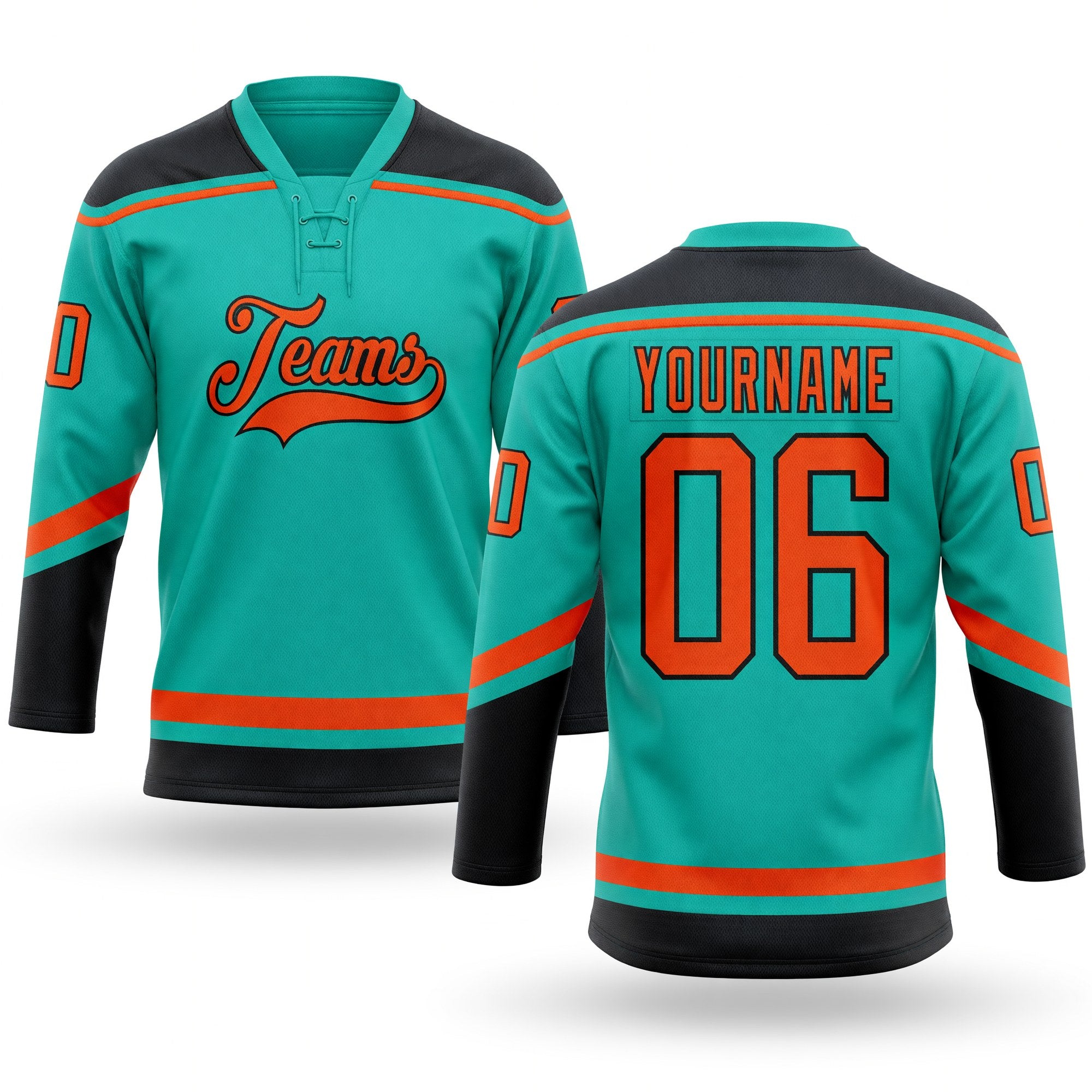 Custom Aqua Orange-Black Hockey Lace Neck Jersey
