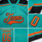 Custom Aqua Orange-Black Hockey Lace Neck Jersey detail