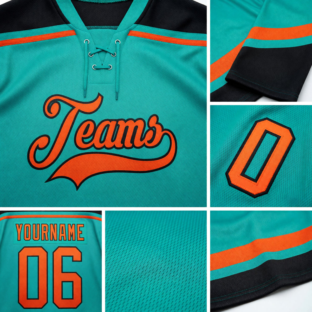 Custom Aqua Orange-Black Hockey Lace Neck Jersey detail