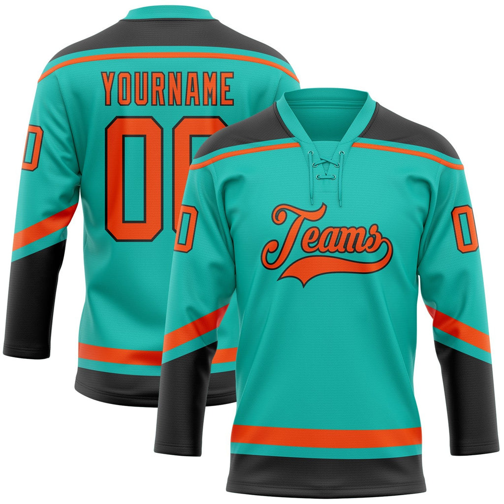 Custom Aqua Orange-Black Hockey Lace Neck Jersey photo 1