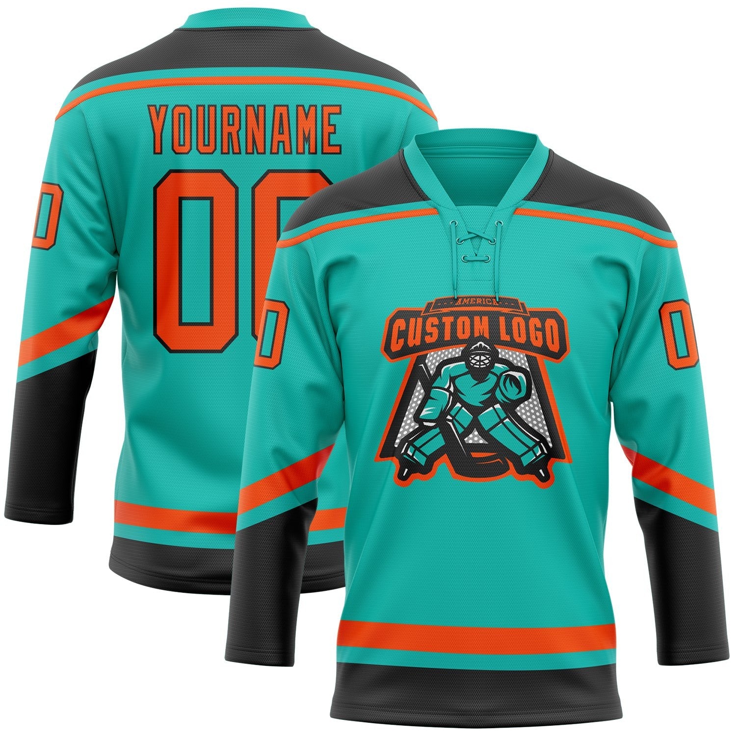 Custom Aqua Orange-Black Hockey Lace Neck Jersey photo 2