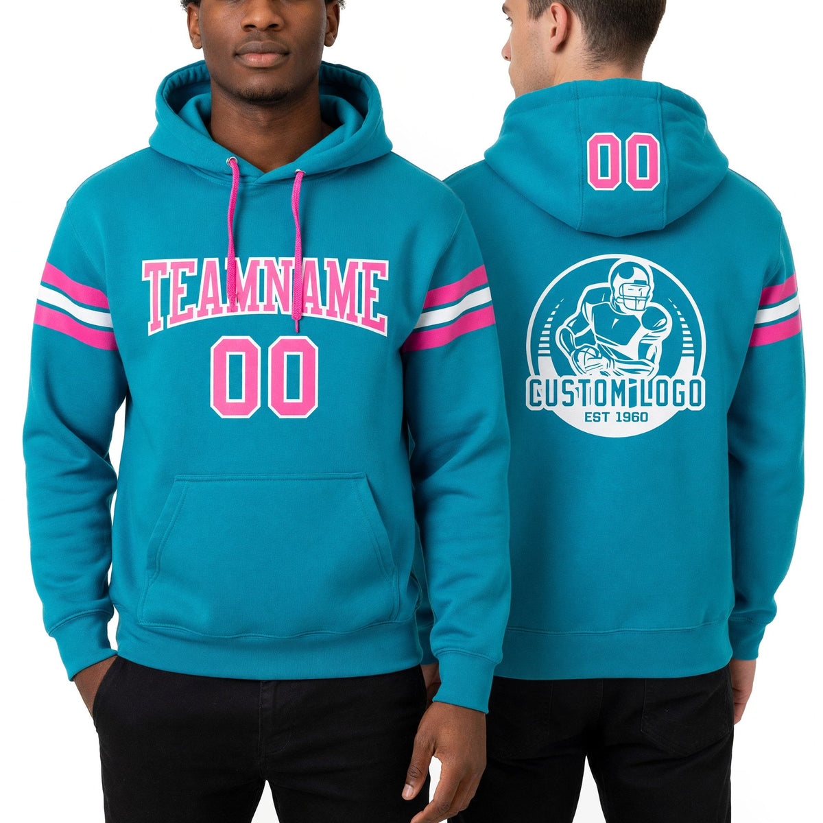 Custom Stitched Aqua Pink-White Football Pullover Sweatshirt Hoodie worn front and back