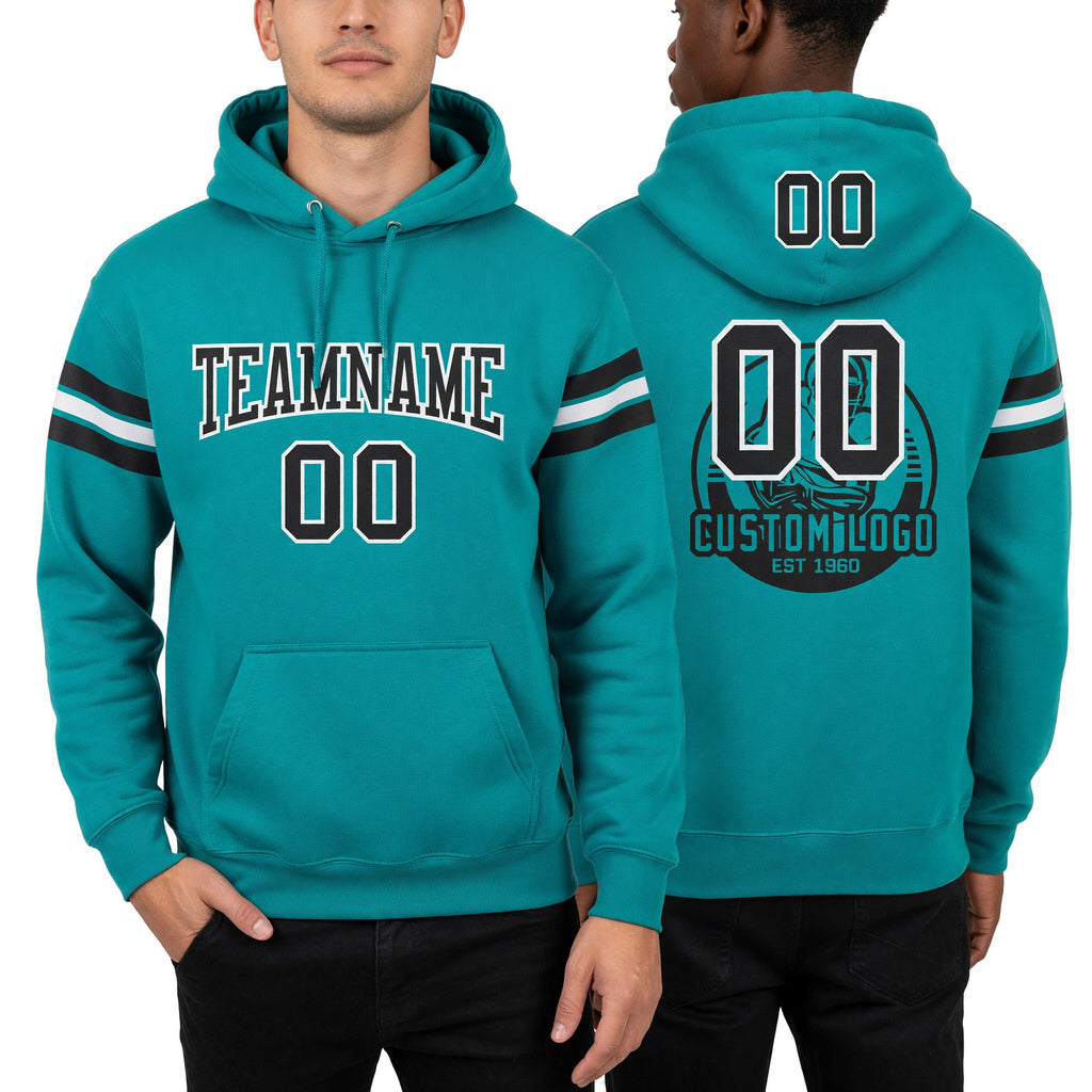 Custom Stitched Aqua Black-White Football Pullover Sweatshirt Hoodie worn front and back
