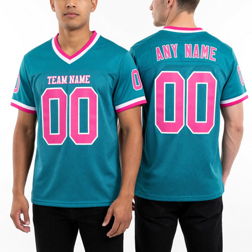 Custom Aqua Pink-White Mesh Authentic Throwback Football Jersey worn front and back